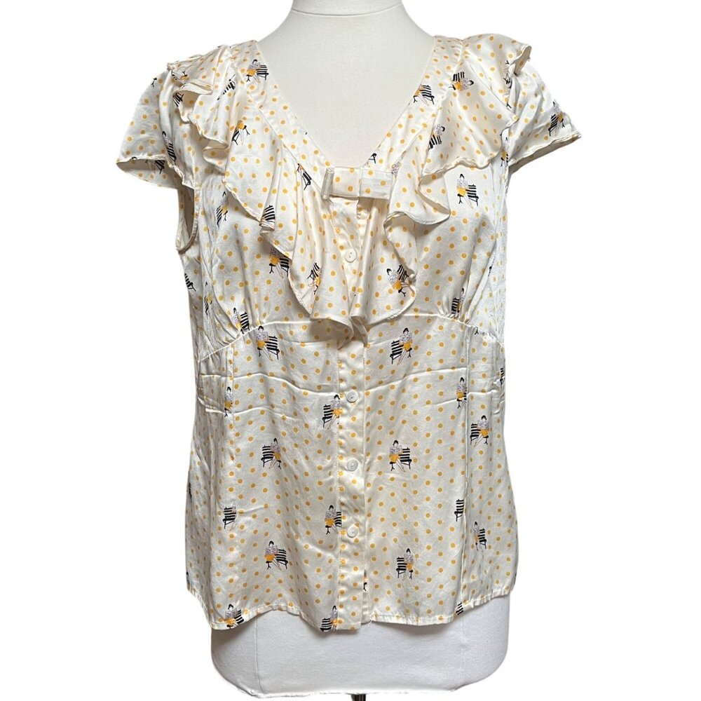 Luisa Spagnoli Silk Blouse Ruffle Bow Yellow Polka Dot Graphic Short‎ Sleeve 48